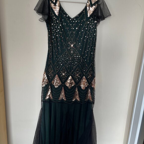 Masquerade Green and Gold Ballroom Costume Gown - Picture 3 of 5